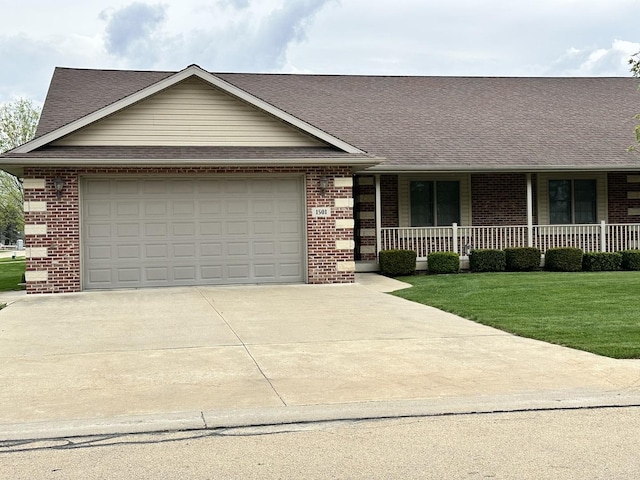ranch-style home with a porch, brick siding, driveway, and a garage