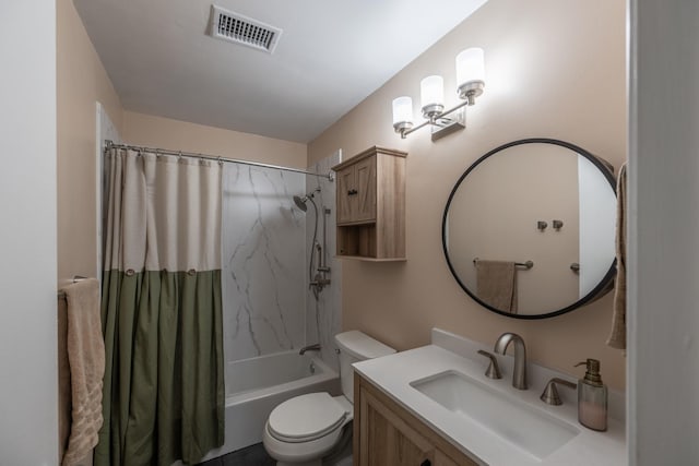 bathroom with shower / tub combo with curtain, visible vents, toilet, and vanity