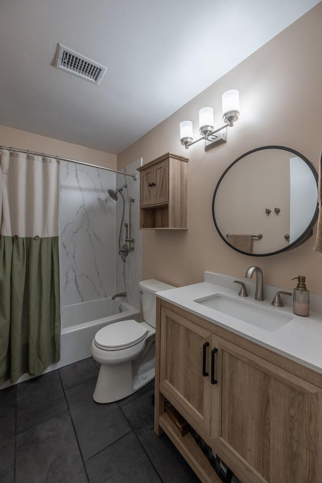 full bathroom with tile patterned floors, visible vents, toilet, vanity, and shower / bath combo with shower curtain