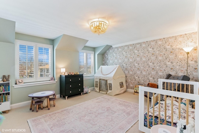 1181 Furlong Dr, Libertyville, IL 60048 - bedroom with a crib, carpet, baseboards, and an inviting chandelier