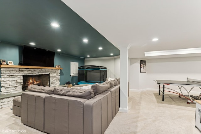 1181 Furlong Dr, Libertyville, IL 60048 - living area with light colored carpet, baseboards, recessed lighting, and a fireplace