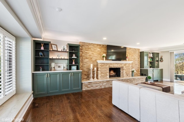 1181 Furlong Dr, Libertyville, IL 60048 - living area with ornamental molding, a stone fireplace, dark wood-style floors, and recessed lighting