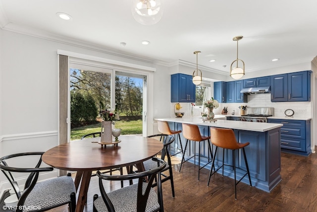 1181 Furlong Dr, Libertyville, IL 60048 - kitchen with blue cabinetry, under cabinet range hood, range, and light countertops