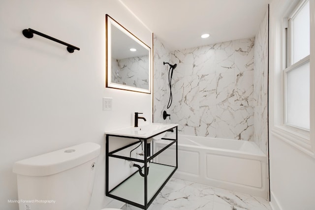 full bathroom featuring toilet, recessed lighting, vanity, shower / tub combination, and marble finish floor