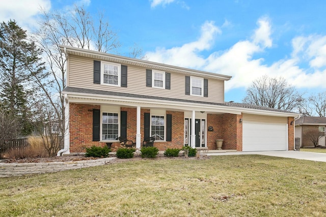 2005 Brentwood Ln, Wheaton, IL 60189 - traditional-style house featuring driveway, an attached garage, a porch, a front yard, and brick siding