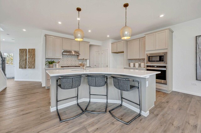 24501 W Kroll Dr, Plainfield, IL 60585 - kitchen featuring tasteful backsplash, under cabinet range hood, a kitchen island with sink, and stainless steel appliances