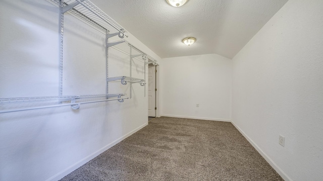 walk in closet with carpet flooring and vaulted ceiling