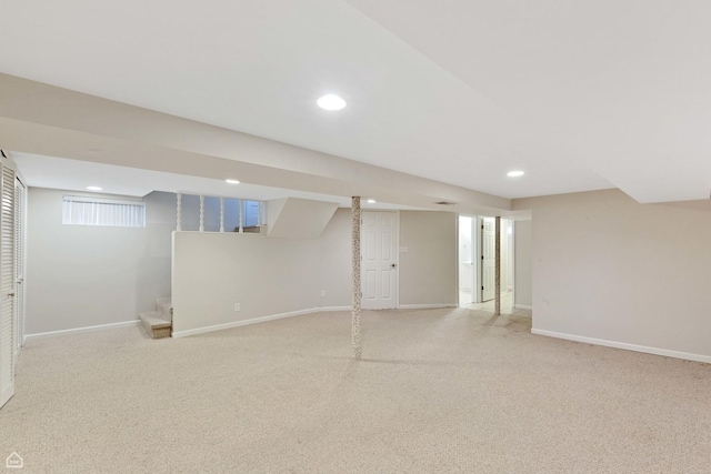 5753 S Moody Ave, Chicago, IL 60638 - below grade area with light colored carpet, baseboards, and recessed lighting