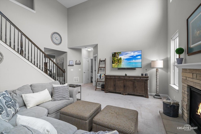 6625 Savanna Ln, Lakewood, IL 60014 - living room with stairway, light carpet, and a towering ceiling
