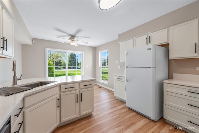 9531 Lenox Ln, Lakewood, IL 60014 - kitchen with freestanding refrigerator, a sink, a ceiling fan, and light wood-style flooring