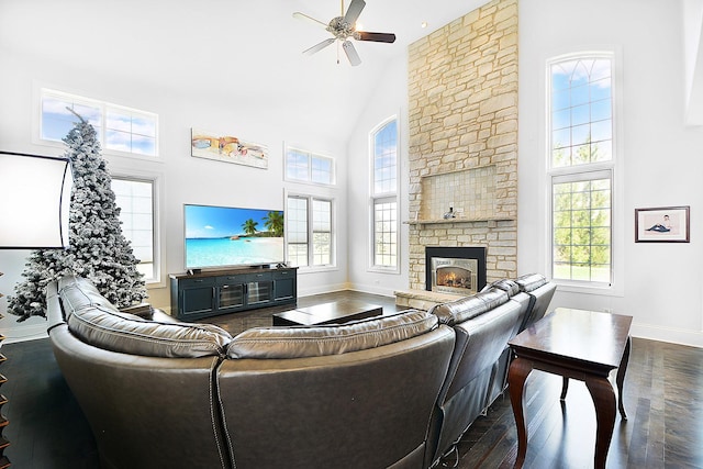 22328 N Prairie Ct, Kildeer, IL 60047 - living room featuring high vaulted ceiling, ceiling fan, healthy amount of natural light, baseboards, and dark wood-style flooring