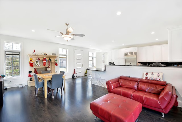 22328 N Prairie Ct, Kildeer, IL 60047 - living room with recessed lighting, a ceiling fan, dark wood-type flooring, and baseboards