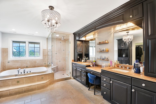 22328 N Prairie Ct, Kildeer, IL 60047 - full bath with a chandelier, a shower stall, a bath, healthy amount of natural light, and recessed lighting