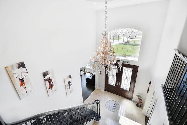 22328 N Prairie Ct, Kildeer, IL 60047 - foyer featuring a chandelier, a high ceiling, and stairway