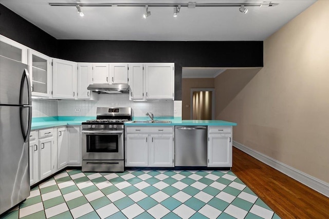kitchen with a sink, track lighting, appliances with stainless steel finishes, and under cabinet range hood