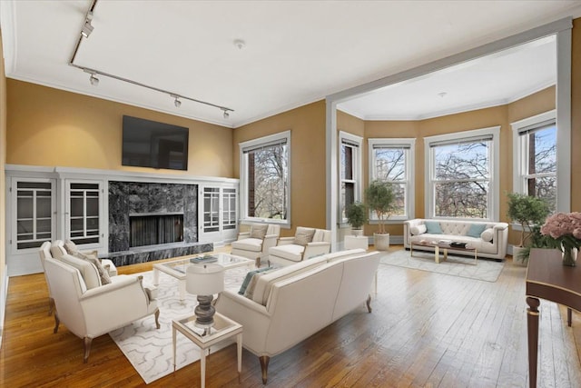 living area featuring ornamental molding, a high end fireplace, rail lighting, and hardwood / wood-style flooring