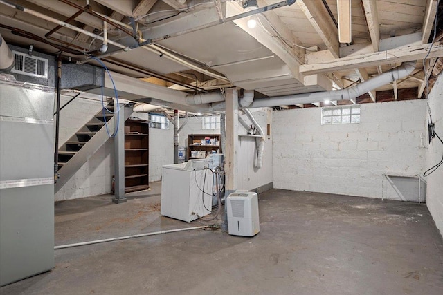 1980 W Forest Ave, Decatur, IL 62522 - below grade area with visible vents, washer and clothes dryer, heating unit, and stairs