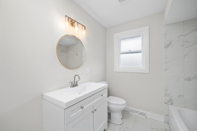 bathroom with vanity, marble finish floor, baseboards, toilet, and visible vents