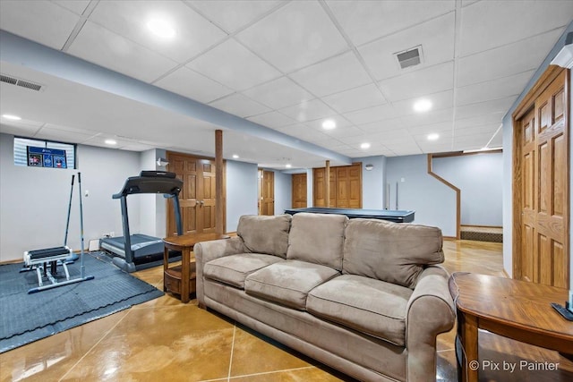 living room featuring a paneled ceiling, billiards, visible vents, and recessed lighting
