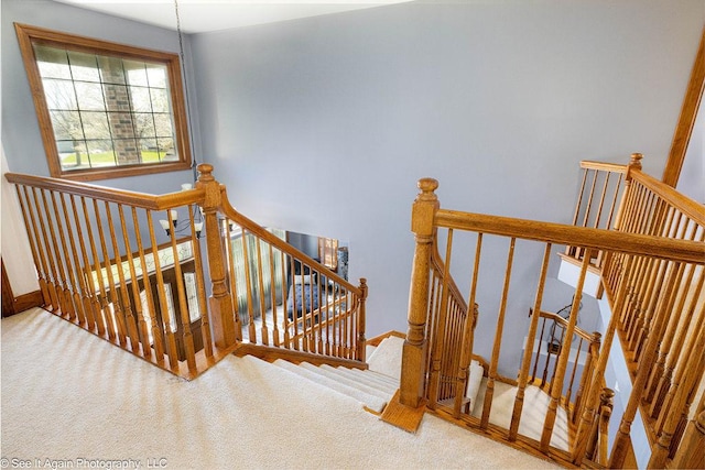 stairway featuring baseboards and carpet