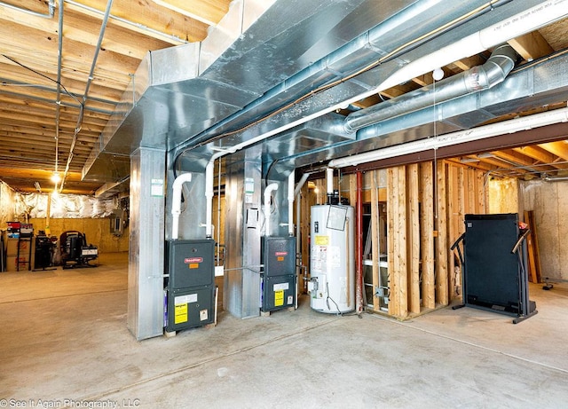 unfinished basement featuring water heater