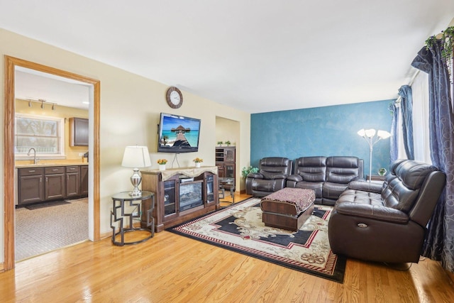 living room featuring an accent wall, wood finished floors, and a fireplace