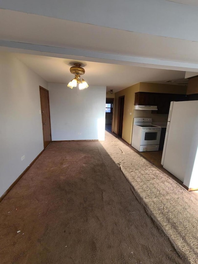 unfurnished living room featuring light colored carpet, baseboards, and ceiling fan