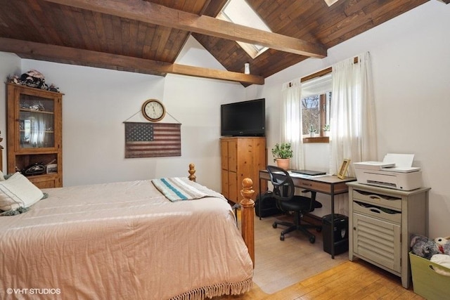 bedroom featuring lofted ceiling with skylight, light wood-style floors, and wood ceiling