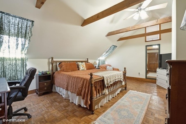 bedroom with beamed ceiling, baseboards, and high vaulted ceiling