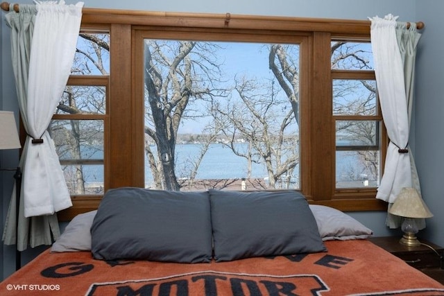bedroom featuring a water view