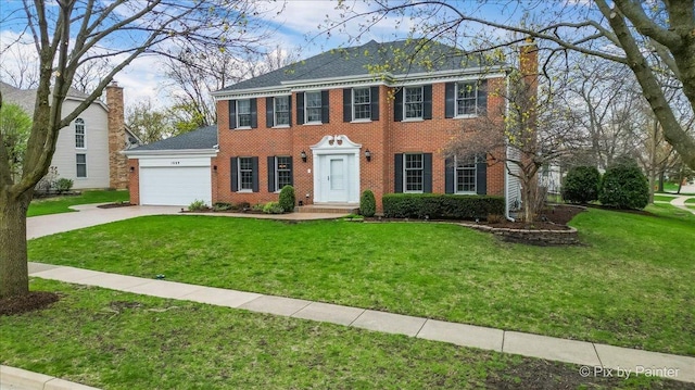 colonial home featuring a chimney, an attached garage, brick siding, and driveway