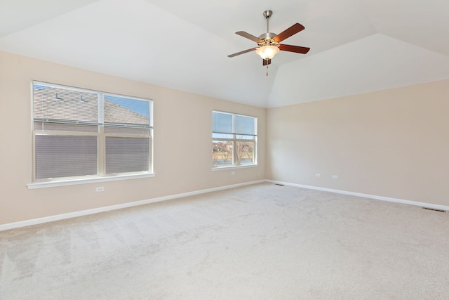1866 Snead St, Bolingbrook, IL 60490 - empty room with visible vents, baseboards, light colored carpet, a ceiling fan, and vaulted ceiling