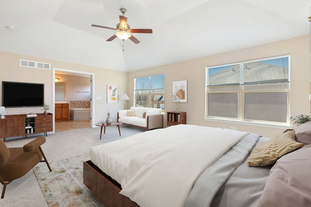 1866 Snead St, Bolingbrook, IL 60490 - bedroom featuring visible vents, lofted ceiling, light carpet, ensuite bathroom, and ceiling fan