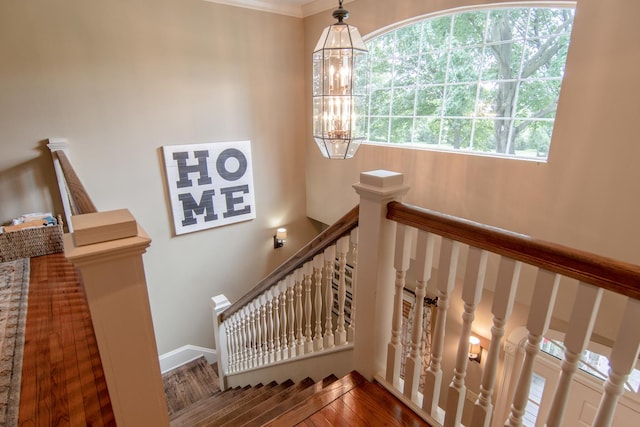 staircase with crown molding and wood finished floors