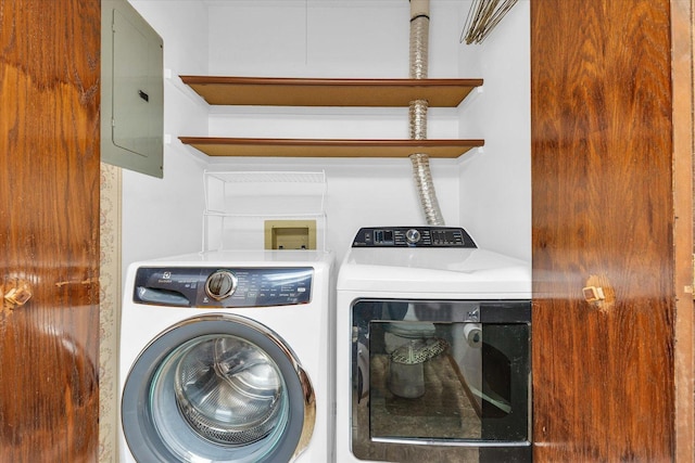 laundry area featuring electric panel and washer and dryer