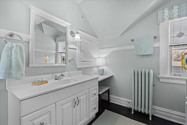 bathroom featuring radiator heating unit, vanity, a wealth of natural light, and lofted ceiling