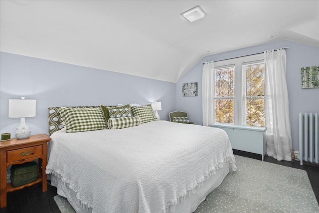 bedroom with radiator, lofted ceiling, and baseboards