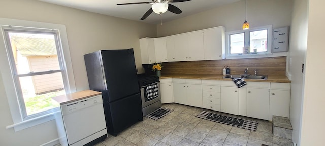 kitchen with stainless steel range with gas cooktop, freestanding refrigerator, a wealth of natural light, a sink, and white dishwasher