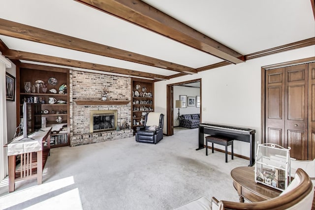 living area featuring carpet floors, a brick fireplace, and beam ceiling