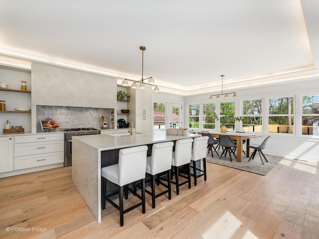 2206 W 107th Pl, Chicago, IL 60643 - kitchen with open shelves, stainless steel stove, a kitchen bar, a sink, and light wood finished floors