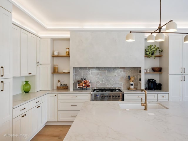 2206 W 107th Pl, Chicago, IL 60643 - kitchen with white cabinets, open shelves, a sink, tasteful backsplash, and high end stainless steel range oven