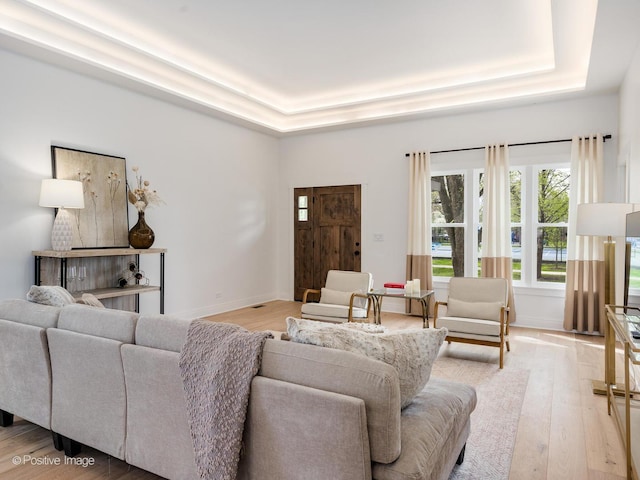 2206 W 107th Pl, Chicago, IL 60643 - living area featuring baseboards, a tray ceiling, and light wood-style flooring