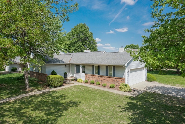 608 Cheshire Dr, Bloomington, IL 61704 - ranch-style house featuring brick siding, an attached garage, a front yard, concrete driveway, and a chimney