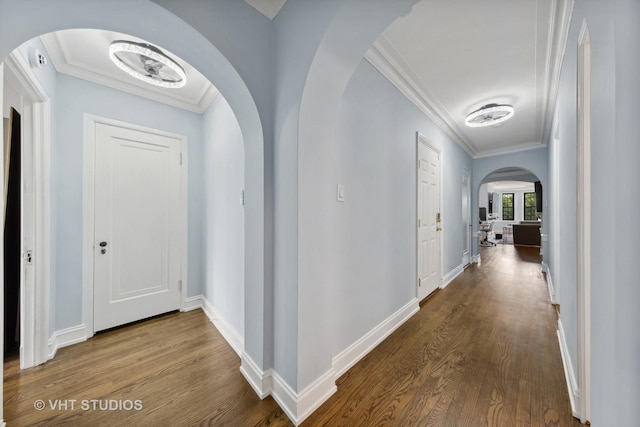 6901 S Oglesby Ave Unit 3A, Chicago, IL 60649 - hall with crown molding, arched walkways, dark wood-style flooring, and baseboards