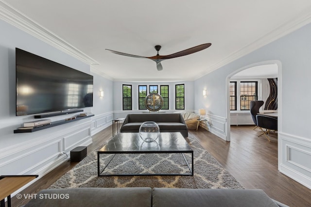 6901 S Oglesby Ave Unit 3A, Chicago, IL 60649 - living area featuring ornamental molding, a ceiling fan, and wood finished floors
