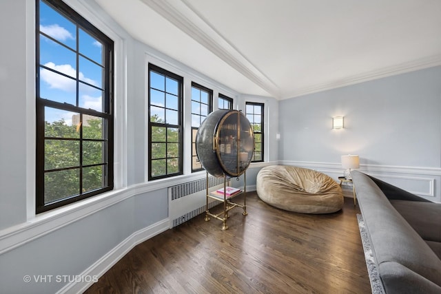 6901 S Oglesby Ave Unit 3A, Chicago, IL 60649 - sitting room featuring ornamental molding, radiator heating unit, and wood finished floors