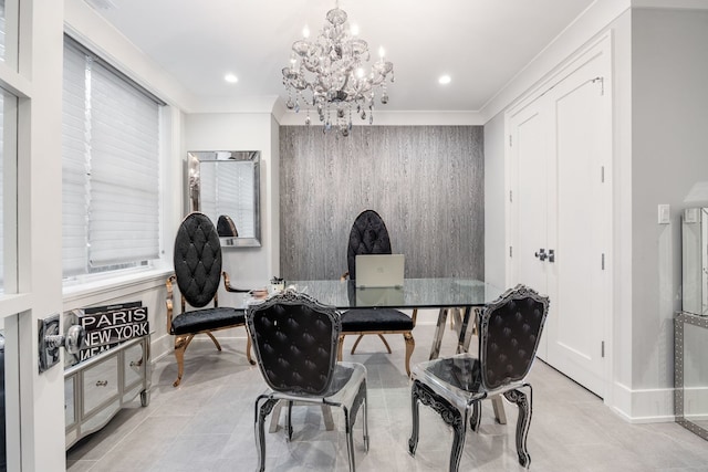 tiled dining room with recessed lighting, a notable chandelier, baseboards, and ornamental molding