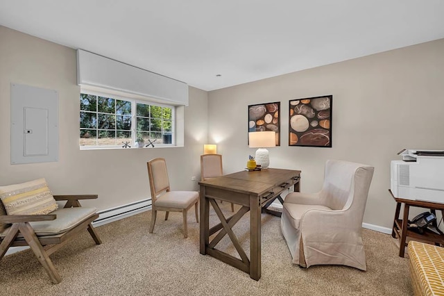 office area featuring a baseboard radiator, baseboards, light carpet, and electric panel