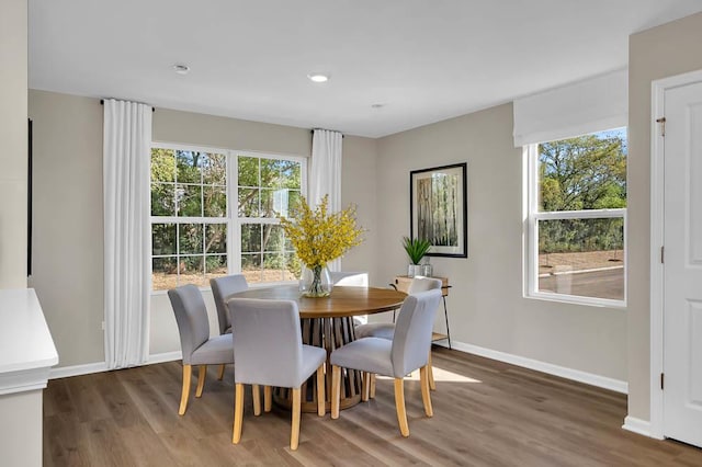 dining space featuring wood finished floors, baseboards, and recessed lighting