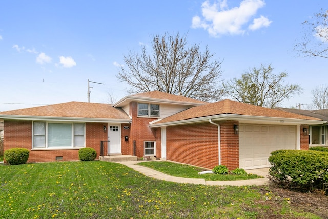 view of front of house with driveway, roof with shingles, an attached garage, brick siding, and a front lawn